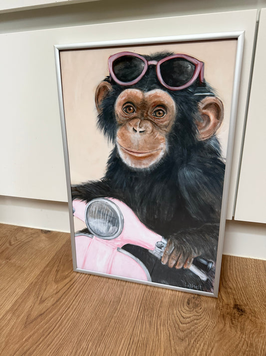 Chimpanse på scooter, small print, aluminium