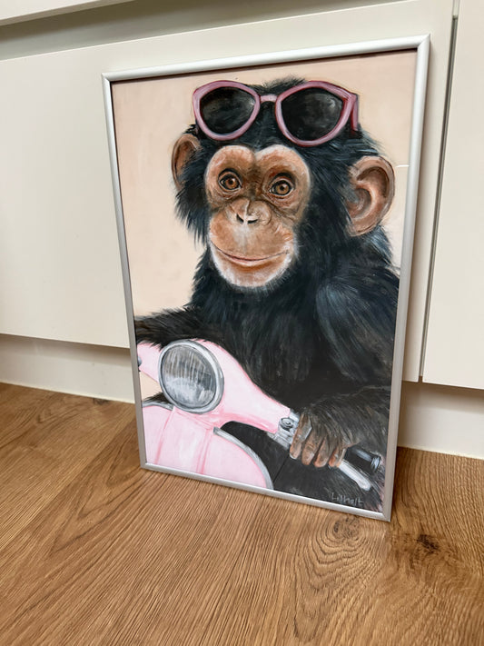 Chimpanse på scooter, small print, aluminium